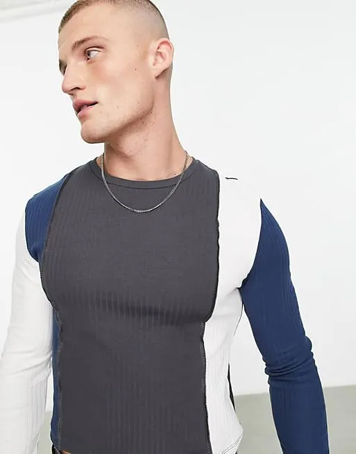 ASOS DESIGN skinny cropped long sleeve t-shirt in ribbed colour block