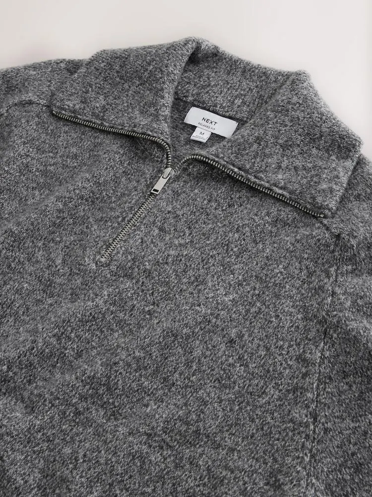 Anthrazitgrau - Regular Fit Cosy Quarter Zip Neck Jumper with Wool