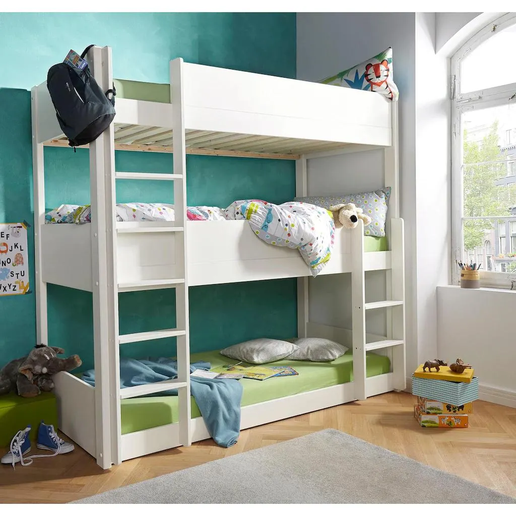 Lüttenhütt Etagenbett »"TIPO"BESTSELLER!Platzsparend,Bodenbett,Leitern beidseitig montierbar«, Stockbett mit 3 Schlafplätzen, zertifiziertes Massivholz (Kiefer)