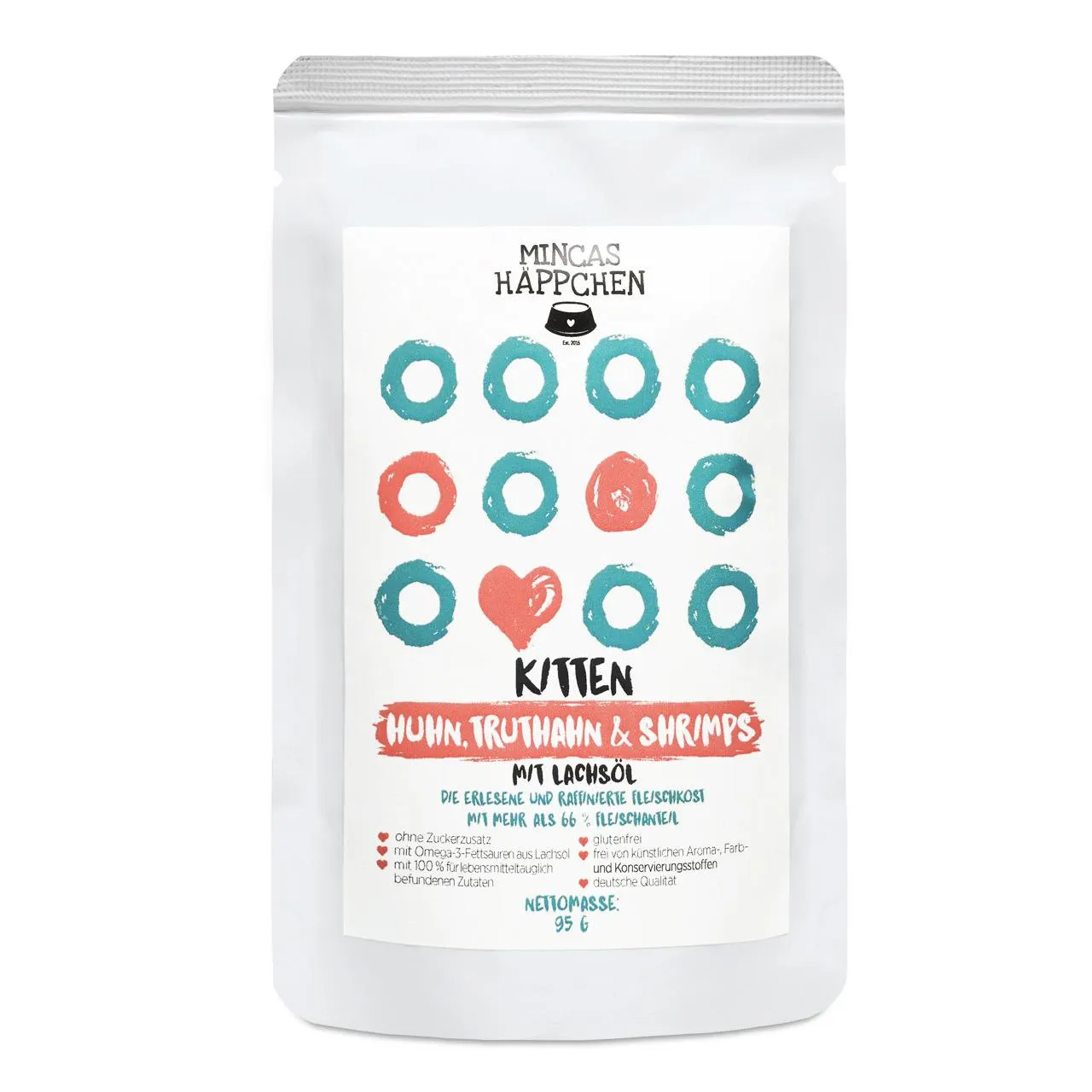 Mincas Häppchen Kitten Huhn, Truthahn, Ente & Shrimps Katzen Nassfutter 95 g