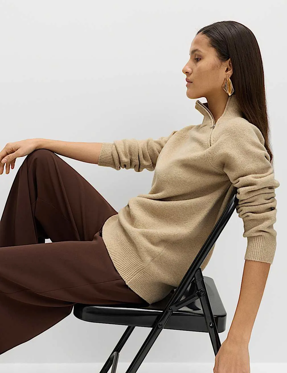 Lang geschnittener Relaxed Fit Pullover mit Reißverschluss und Tunnelkragen