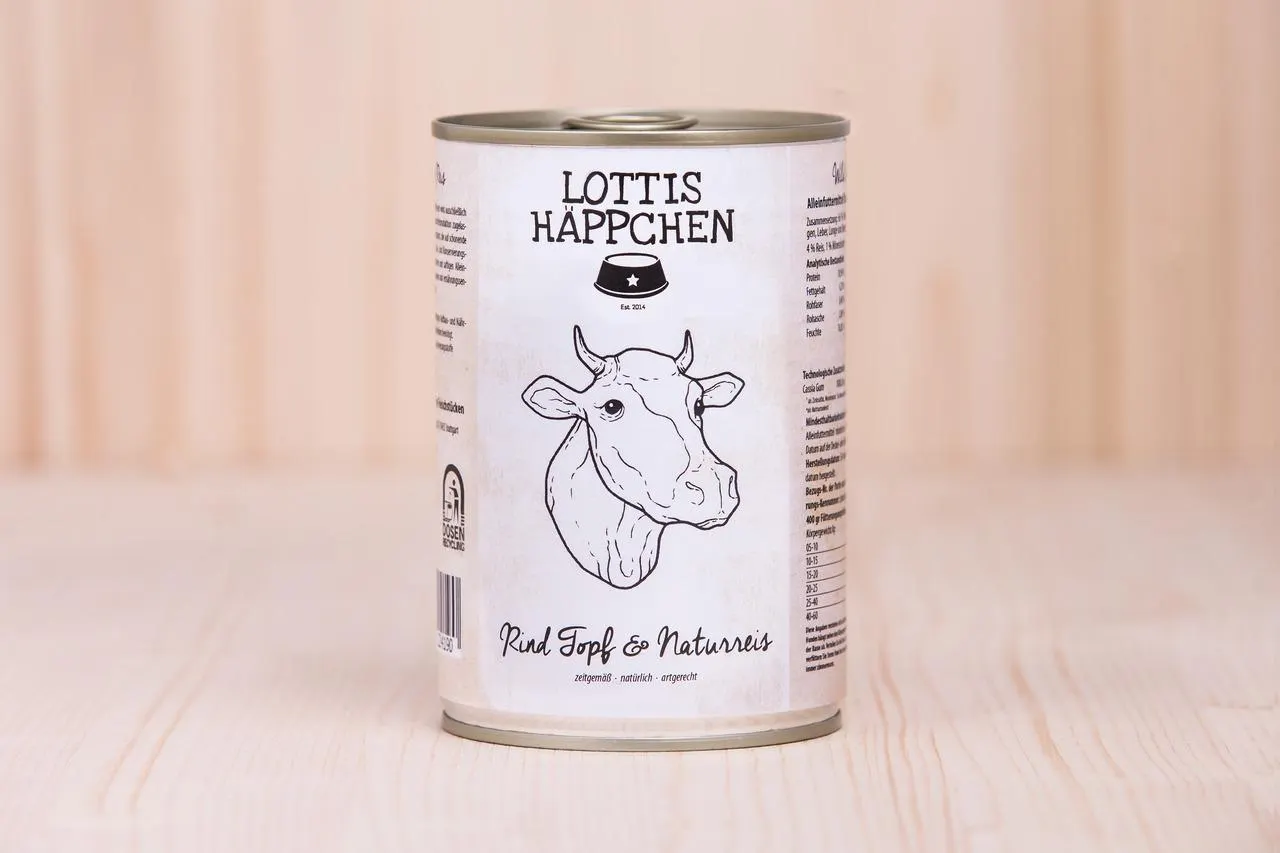 Sparpaket 24 x 400 g Lottis Häppchen Rind Topf & Naturreis Hunde Nassfutter