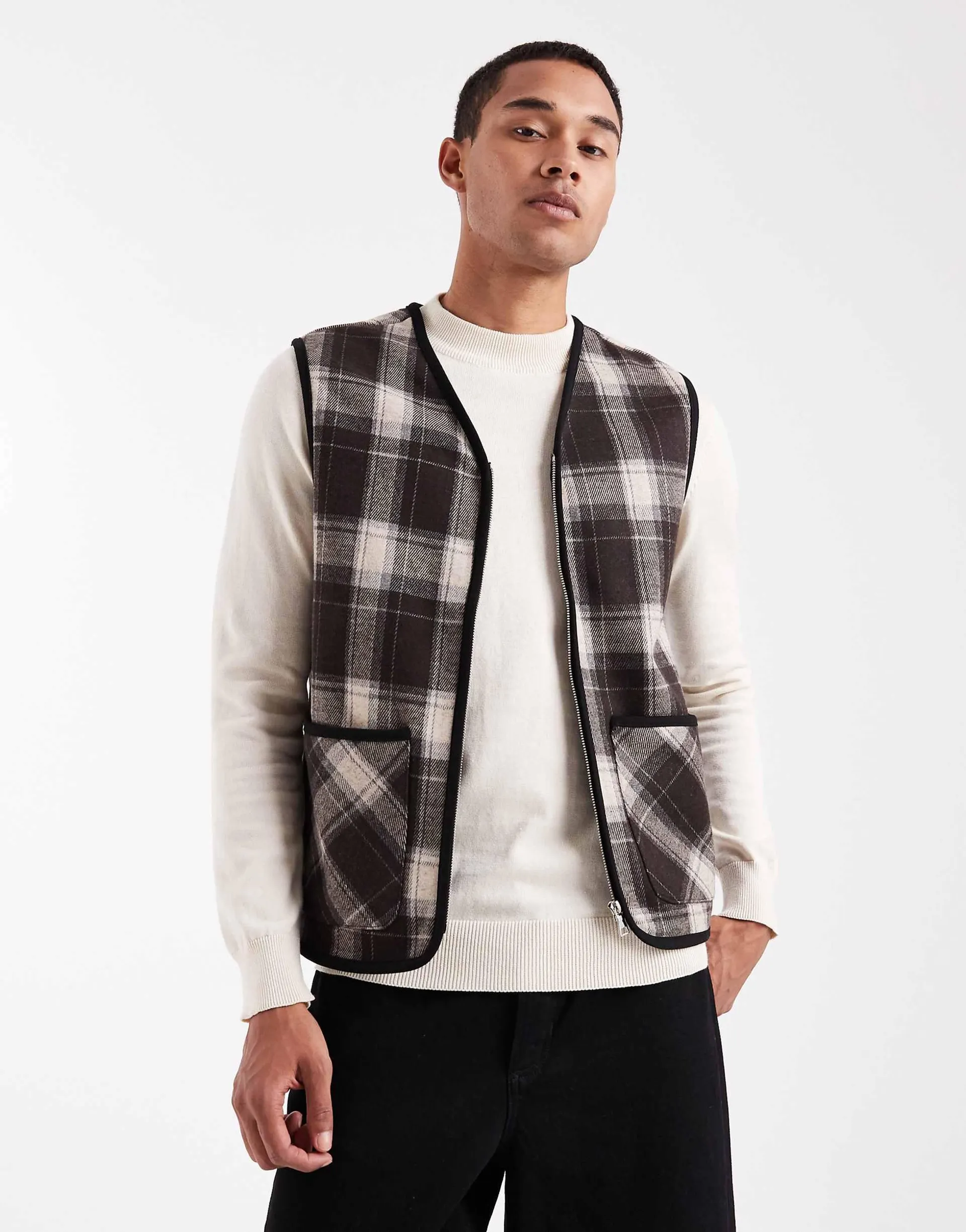 ONLY & SONS zip through vest in brown check