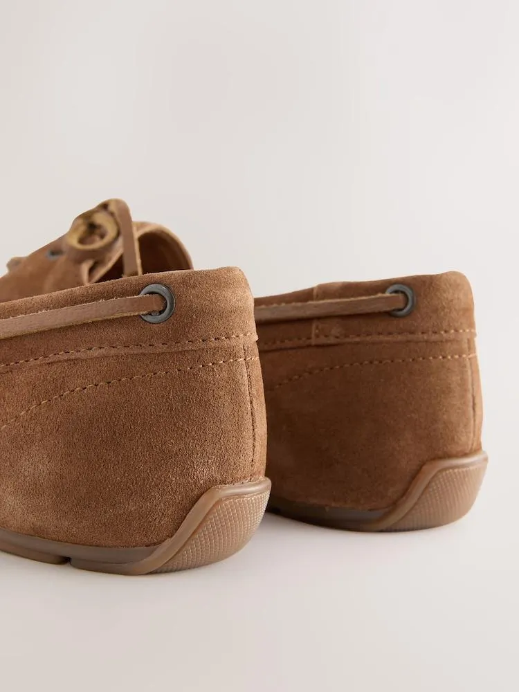 Dunkelbraun/Veloursleder - Leder-Bootsschuhe mit runder Zehenpartie