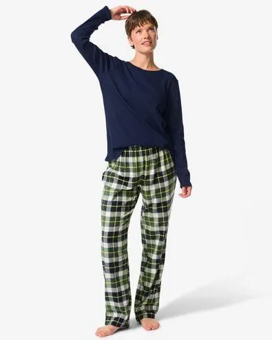damespyjama flanel ruiten donkerblauw