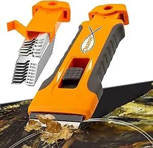 Glasschaber Herdkratzer mit 15 Ersatzklingen im Griff, Küchenschaber Scraper für Kochfeld Backofen Induktionskochfeld Glaskeramik, Super in der Hand Haarbürste.