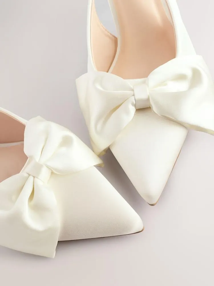 Elfenbein - Forever Comfort® – Hochzeit-Slingback-Absatzschuhe mit Satin-Schleife und spitzer Zehenpartie