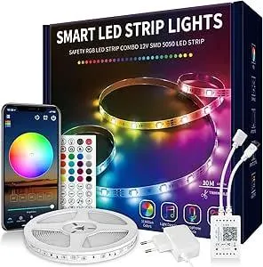 VKH LED Strip 10m, LED Streifen Bluetooth RGB LED Band 10m Selbstklebend mit Fernbedienung und APP, LED Lichterkette LED Beleuchtung für Zimmer Party