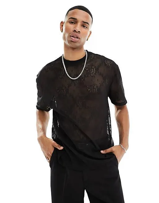 ASOS DESIGN relaxed t-shirt in black floral lace