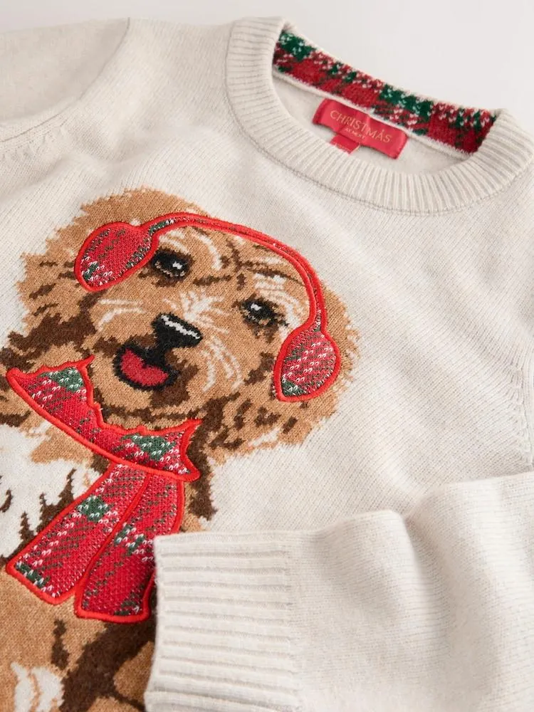 Cream Schottenkaro Hundegrafik - Weihnachtspullover, Familienkollektion