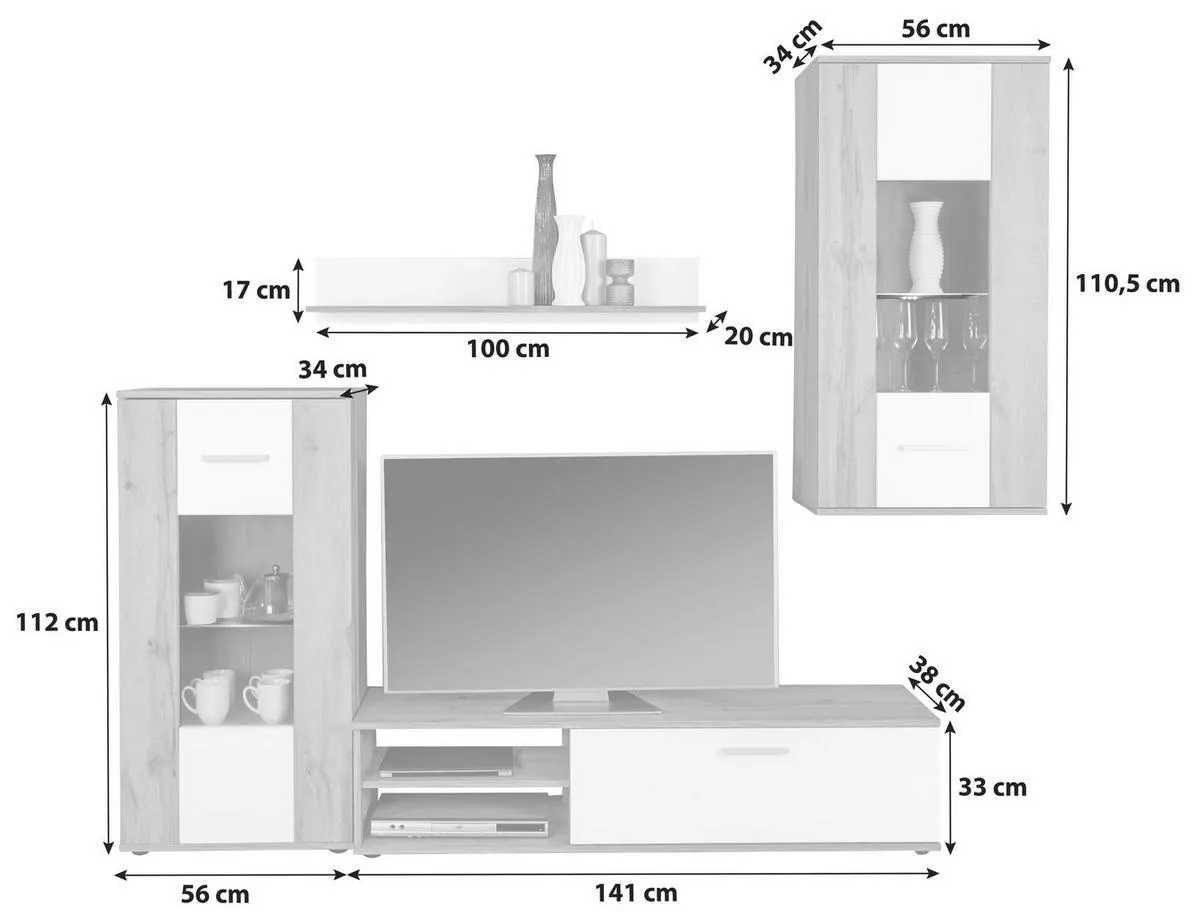Modern 4 -Teilig. mit Led Lido, Eiche Dekor/Perlweiß
