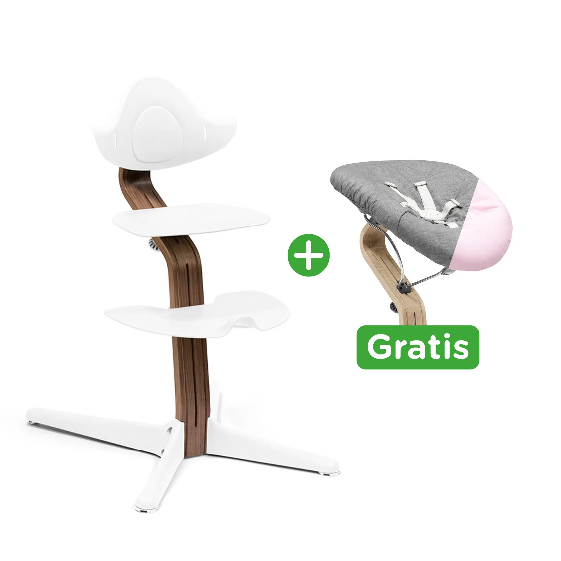 Set Nomi® Hochstuhl Walnut White mit Newborn Set White Grey/Pink