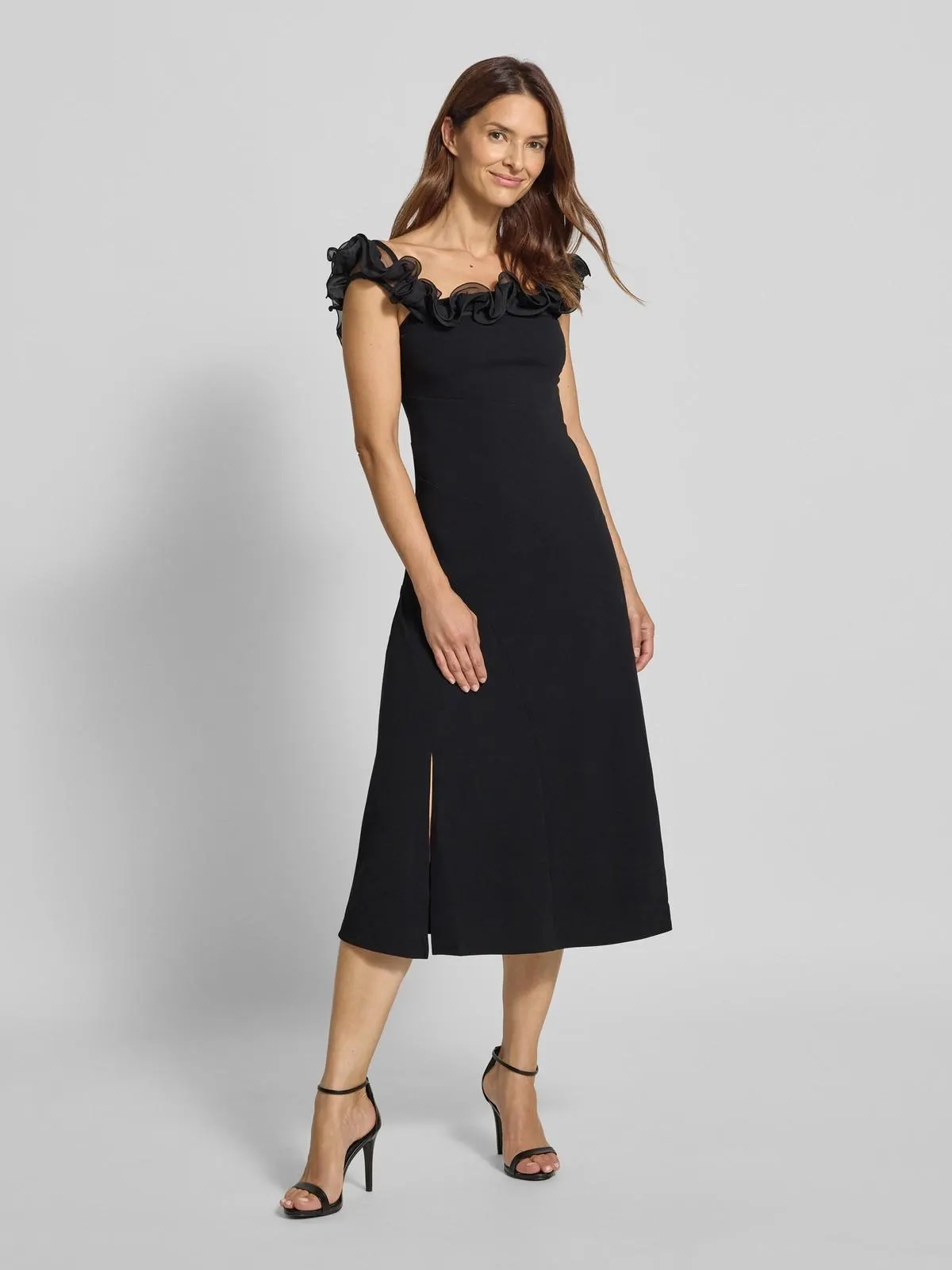 Knielanges Cocktailkleid mit Rüschen in black