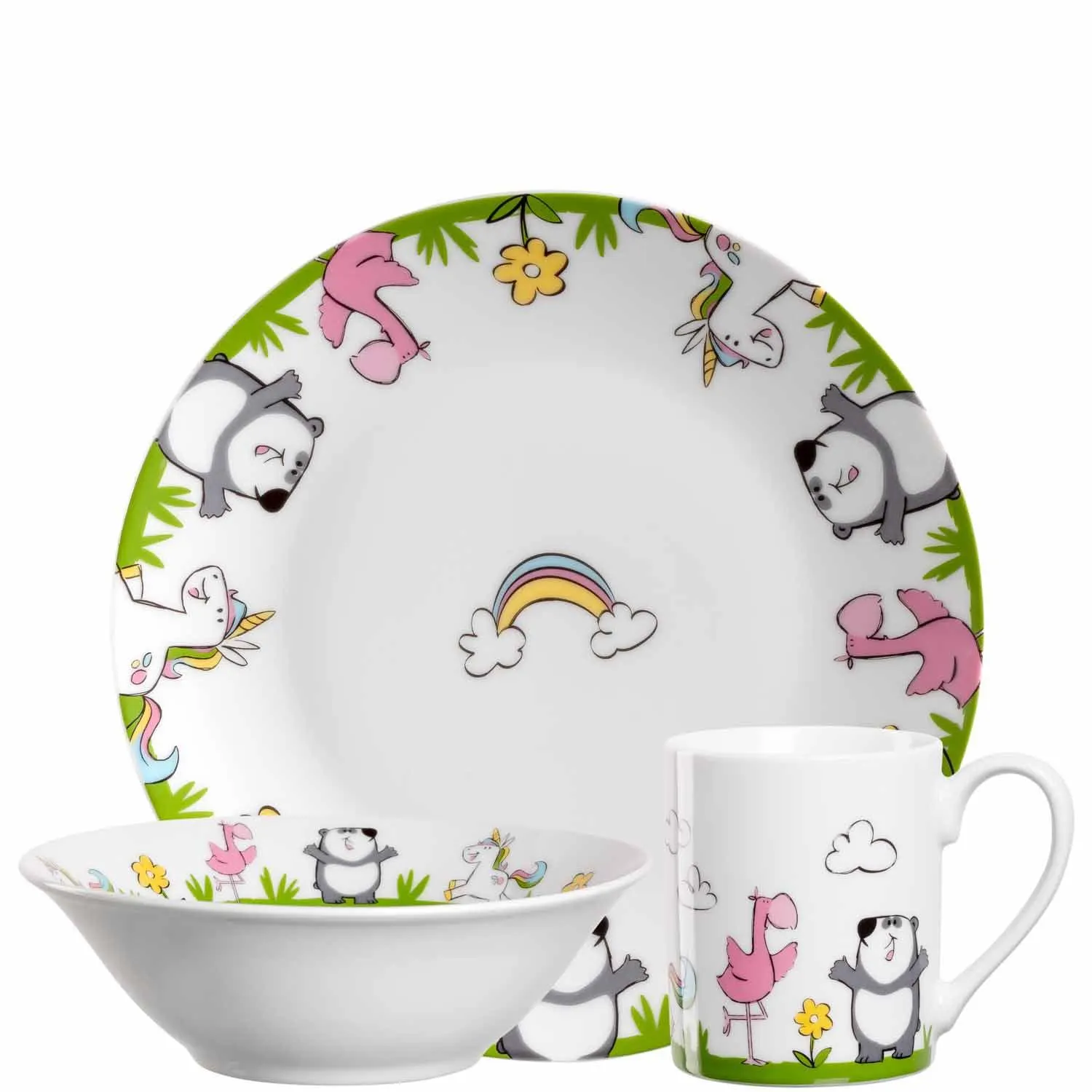 Kindergeschirr BAMBINI 3-teilig Einhorn/Panda/Flamingo