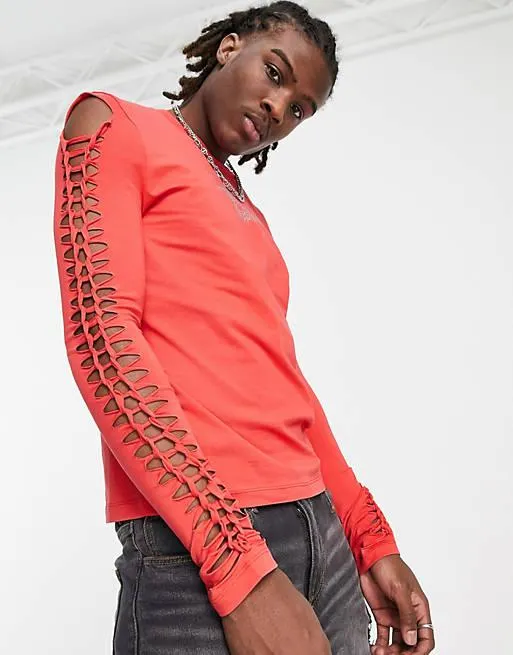 ASOS DESIGN skinny long sleeve t-shirt in red with braided sleeves and studding