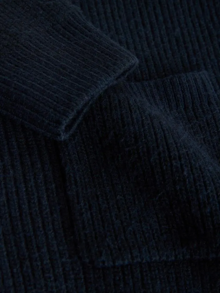 Marineblau/blau - Relaxed Fit Rib Texture Zip Through Cardigan with Wool