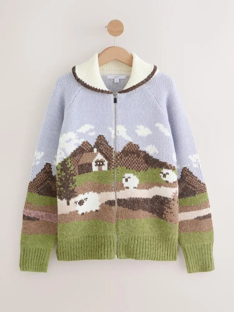 Blau/Grün - Strickjacke mit Reißverschluss und Landschaftsmotiv