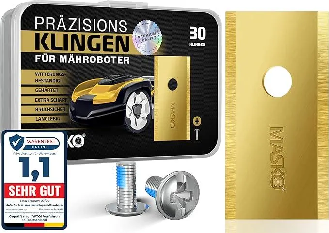 MASKO® Ersatzmesser Klingen für Mähroboter | Rasenmäher Messer universal inkl. innovativen Schrauben | Ersatzklingen Rasenroboter langlebig Titan-Beschichtung Kompatibel mit Worx 30 Stück
