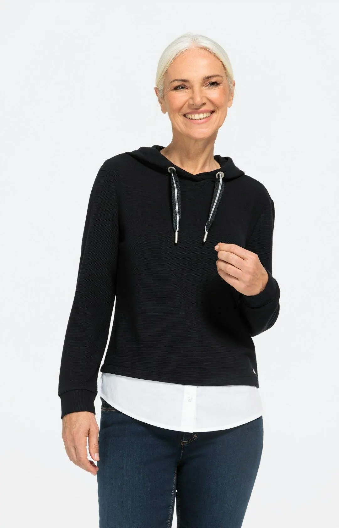 Hoodie mit Kontrastsaum in Blusenoptik