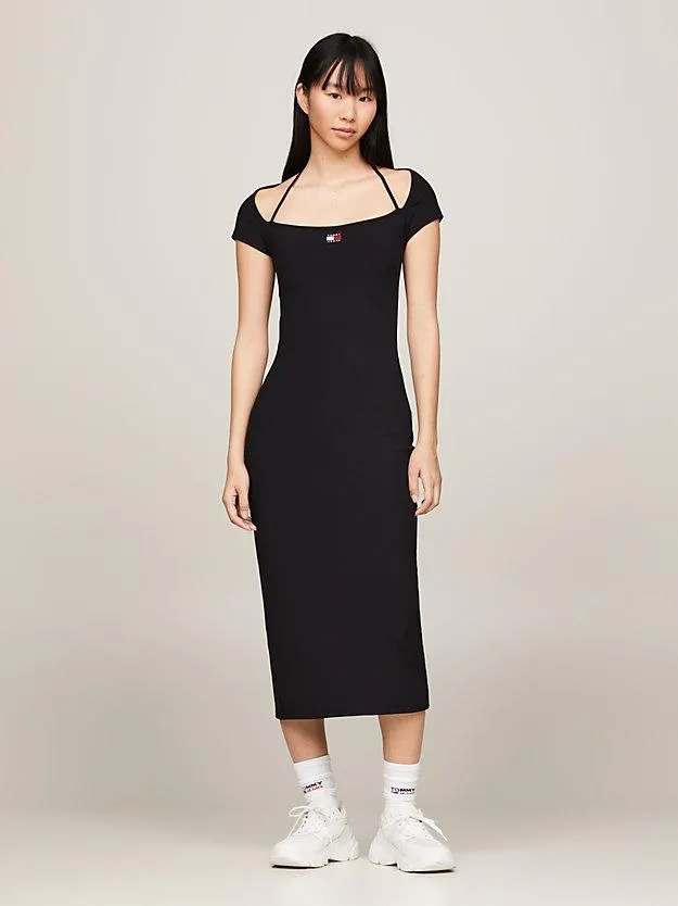 Geripptes Midi-Bodycon-Kleid mit Tommy-Badge