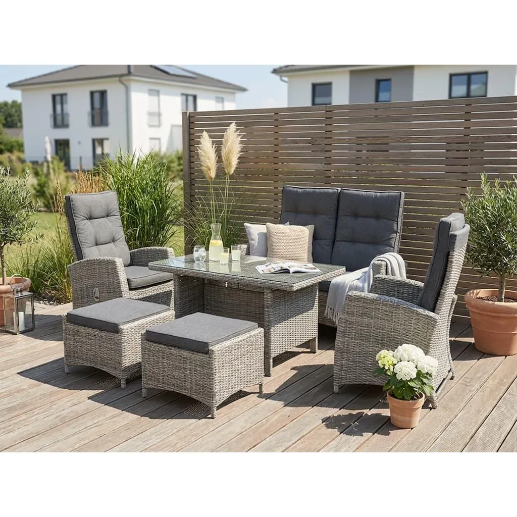 KONIFERA Garten-Essgruppe »Monaco« Set, 1x2er Sofa, 2x Sessel, 2x Hocker, 1x Tisch 120x70x66cm, inkl. Auflagen, 16 Stk. tlg. Polyrattan, Aluminium, Rückenlehne verstellbar, Grau