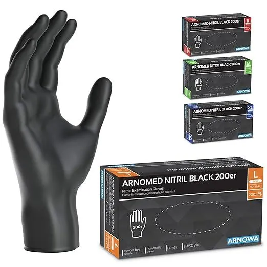 200x ARNOMED Einweghandschuhe Schwarz, Einmalhandschuhe L, Nitrilhandschuhe puderfrei, Handschuhe Einweg latexfrei, Gummihandschuhe Einweg, Handschuhe Nitril, Einmalhandschuhe S, M, L & XL
