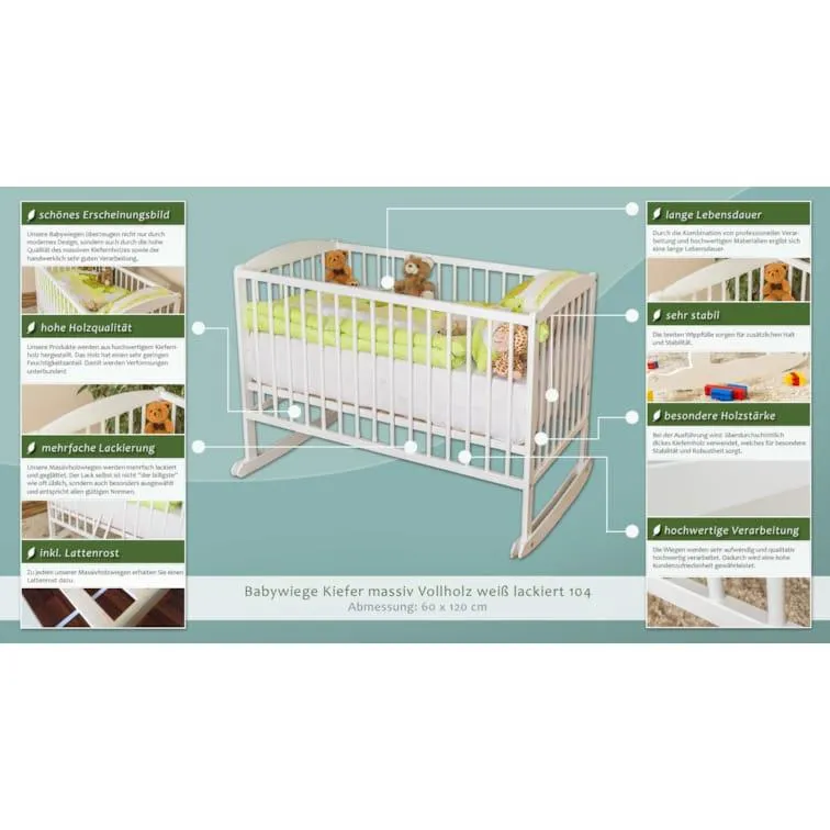 Steiner Shopping Babywiege Kiefer massiv Vollholz weiß lackiert 104, inkl. Lattenrost - Abme