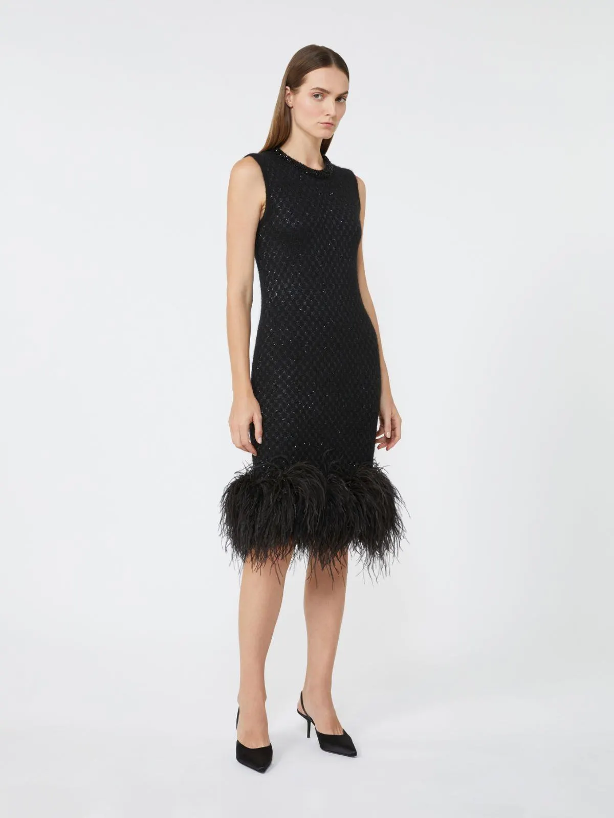 Minikleid aus Wolle und Mohair mit Federn - Schwarz