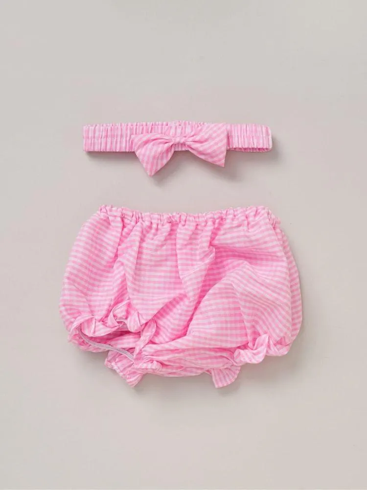 Rock-A-Bye Baby Boutique Pink 100% Cotton Dress Knickers and Bow Headband Outfit Set