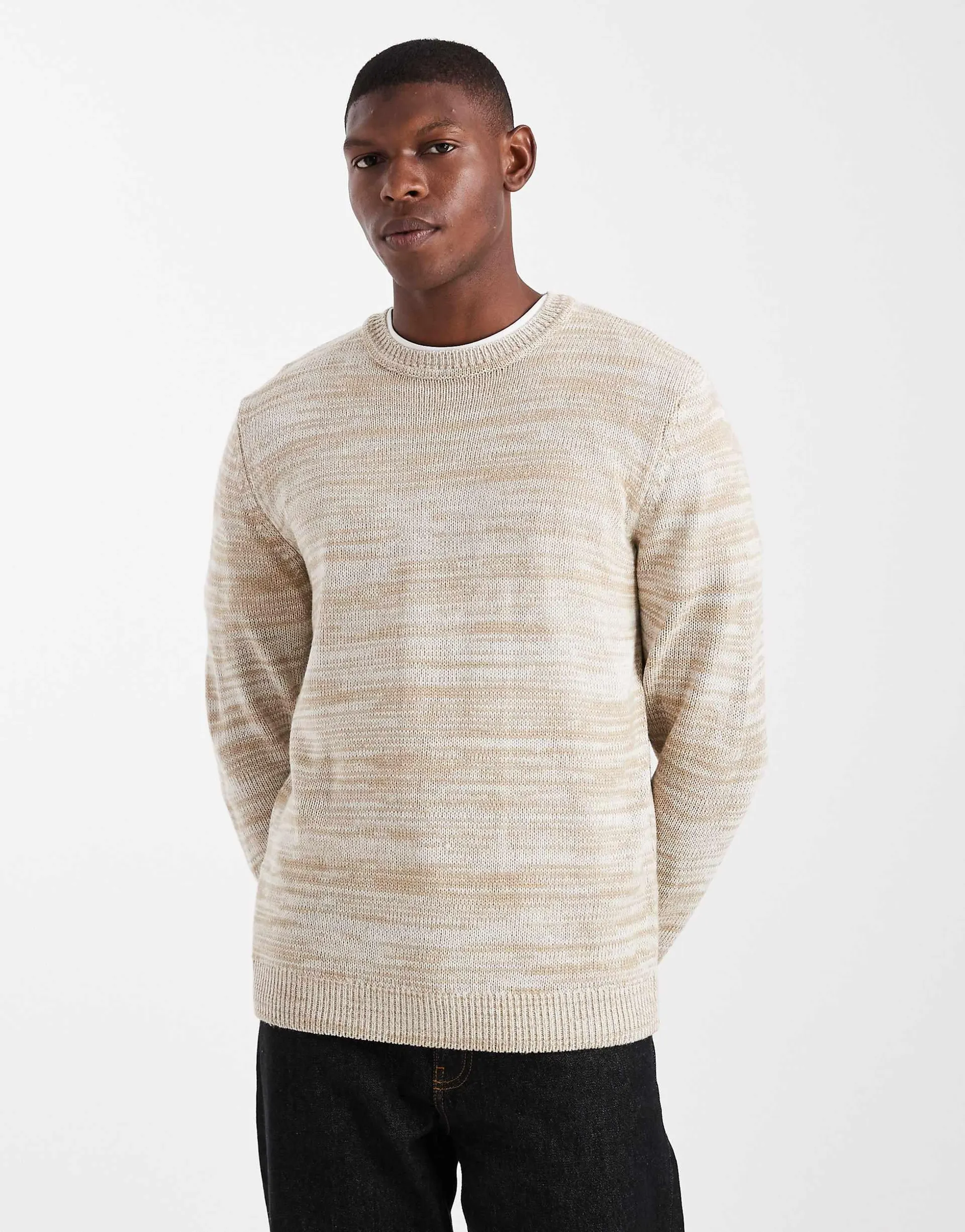 ONLY & SONS crew neck knit jumper in stone marl stripe