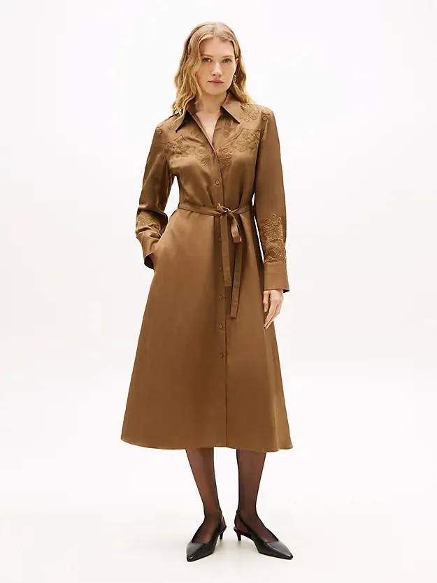 Besticktes Midi-Hemdkleid mit Leinen