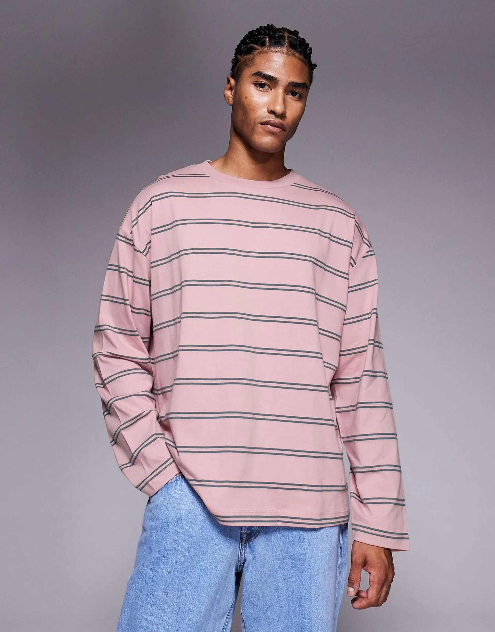 ASOS DESIGN oversized long sleeve t-shirt in pink and grey stripe