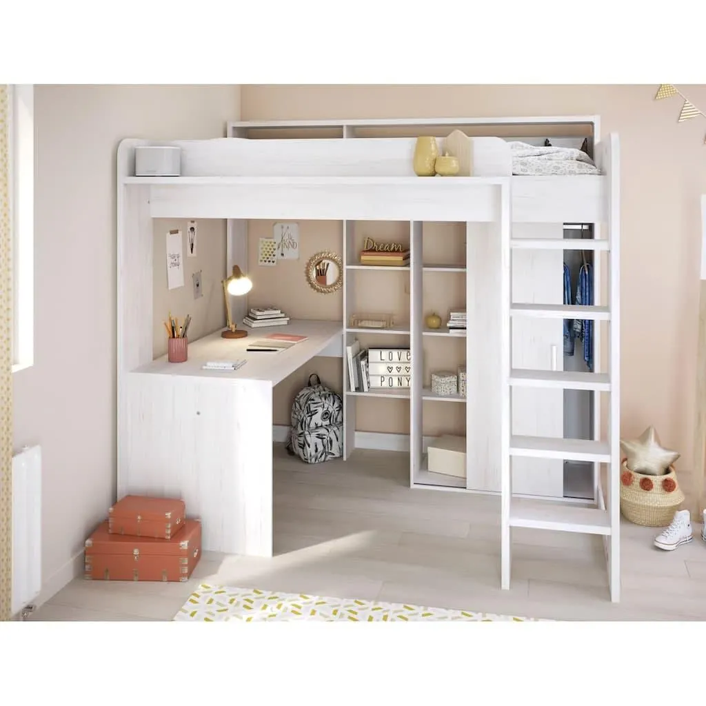 Parisot Hochbett »Higher, mit Schreibtisch, Schiebetürenschrank, Regale oben und unten« Liegefläche 90x200cm,Maße (B/H/T: 206/189/138 cm), Betthöhe ca. 140 cm, maximaler Stauraum, breite Trittstufen, toll für kleine Räume!