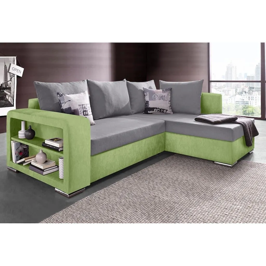COLLECTION AB Ecksofa »John L-Form, B: 226 cm« Bettfunktion, Bettkasten, Regalelement & 2 Zierkissen, Federkern
