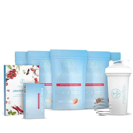 MetaFlow – Stoffwechsel-Shake Starter-Set – Monatsvorrat für cremige Diät Shakes zum Abnehmen – Veganer Abnehmshake mit 47% Eiweiß & unter 1g Zucker – inkl. Shaker, Stoffwechsel-Vitamine & Rezeptbuch