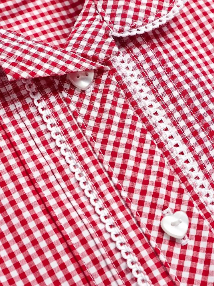 Rot - Kleid für die Schule mit hohem Baumwollanteil, Vichykaros, Knopfleiste und Spitzenbesatz (3–14 Jahre)