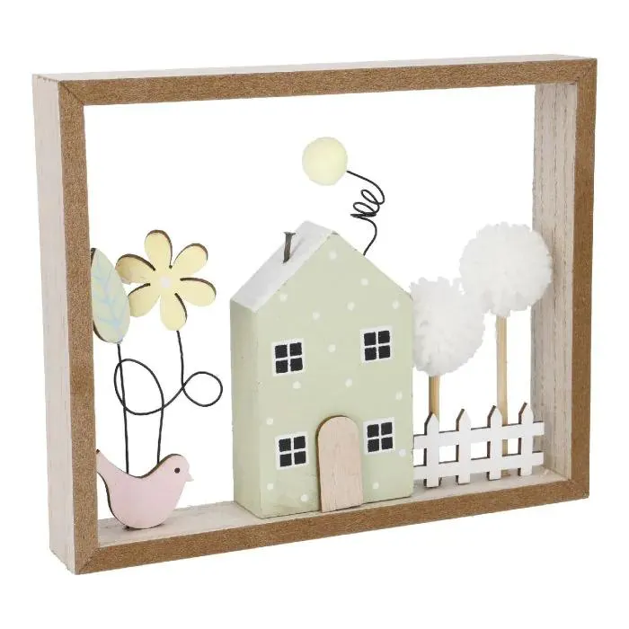 Deko-Haus in Holzrahmen, grün, 20 x 16.5 cm