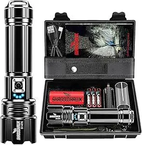 Shadowhawk Taschenlampe Led 10,000 Lumen, Extrem Hell Taschenlampe USB Aufladbar Taktische Taschenlampen Mit holster XHP70.2, IP67 Wasserdicht 5 Lichtmodi für Camping Wandern Notfälle