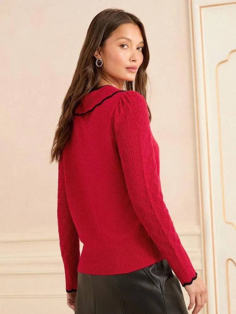 Rot Schleife mit Kontraststreifen - Love & Roses – Strickpullover mit Kragen