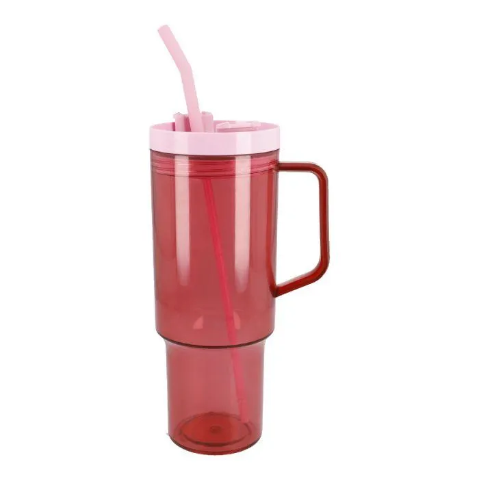 Becher mit Strohhalm und Griff, pink, 1100 ml