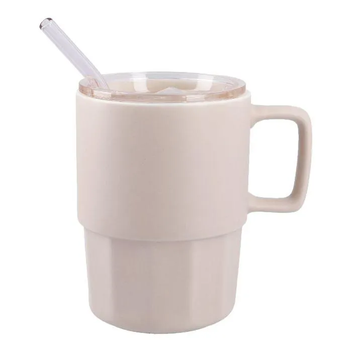 Henkelbecher mit Strohhalm, rosa, 400 ml