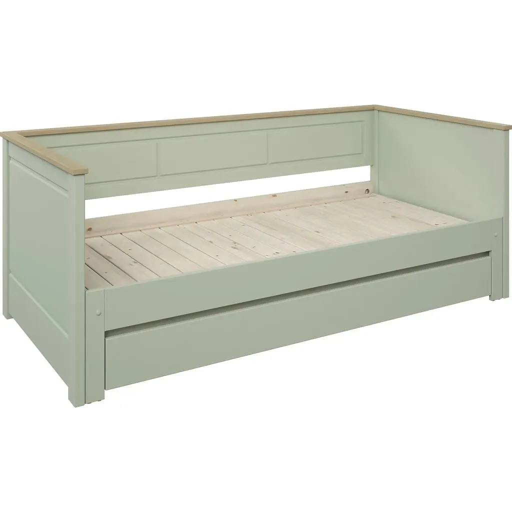 OTTO home Funktionsbett »" ERIK " Daybed, Gästebett, Kinderbett, Massivholz (Kiefer)« stilvolle Kassetten - Fräsung, 90x200cm ausziehbar auf 180x200cm), 2. Schlafplatz ausziehbar, moderner Landhausstil, Schublade optional