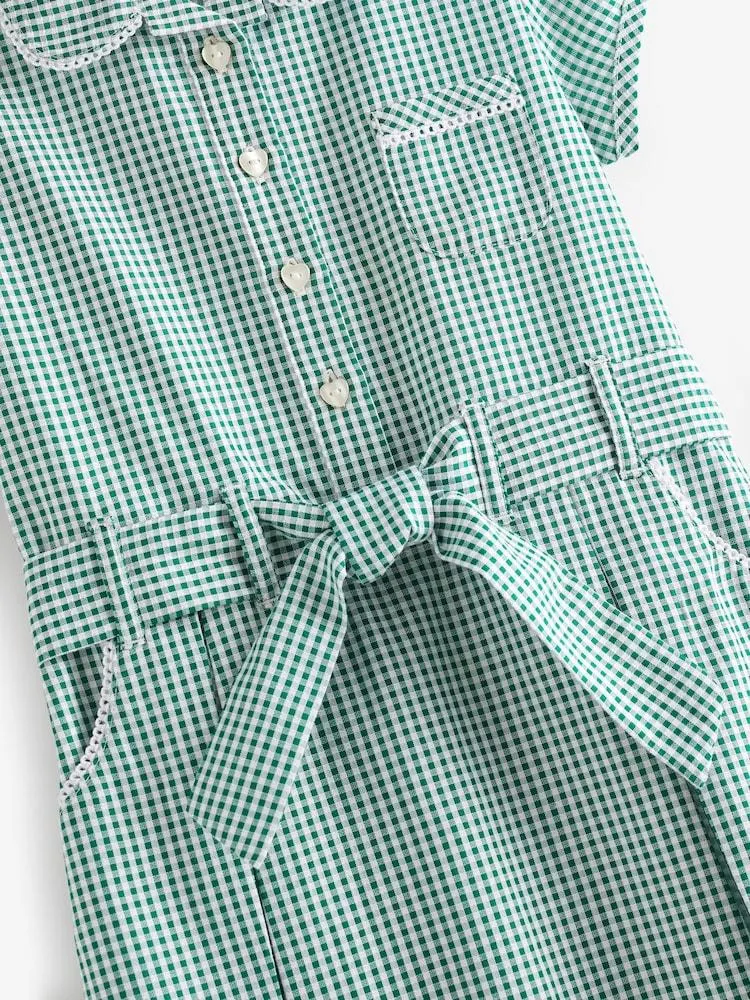 Grün, Vichy - Baumwollreiches Schulkleid mit Gürtel und Scrunchie (3–14 J.)