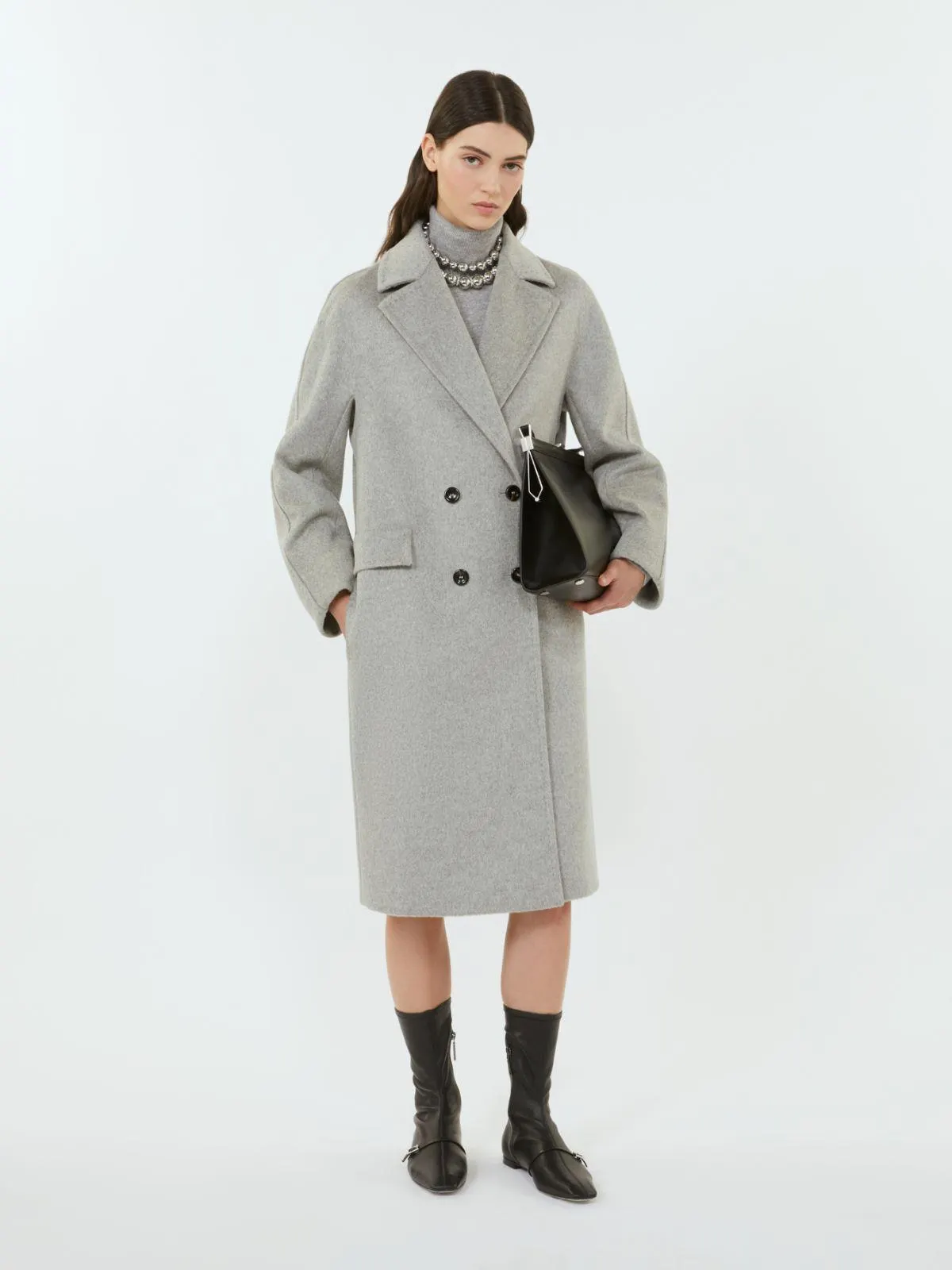 Zweireihiger Mantel aus Kaschmir, Alpaka und Wolle - Hellgrau