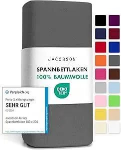 Jacobson Jersey Spannbettlaken Spannbetttuch Baumwolle Bettlaken (180x200-200x200 cm, Anthrazit)