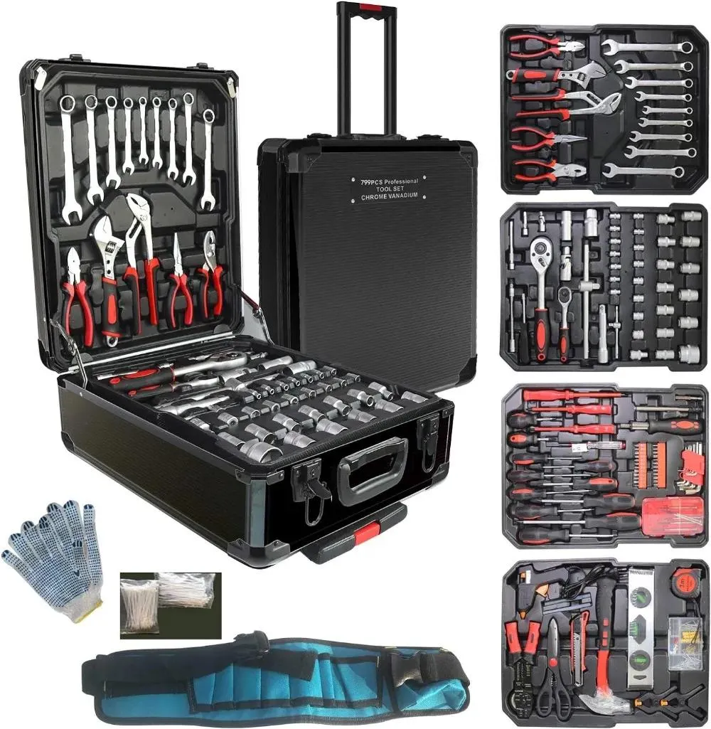 799pcs Aluminum Trolley Case Tool Set Silver, House Repair Kit Set, Household Hand Tool Set, with Tool Belt,Gift on Father's Day