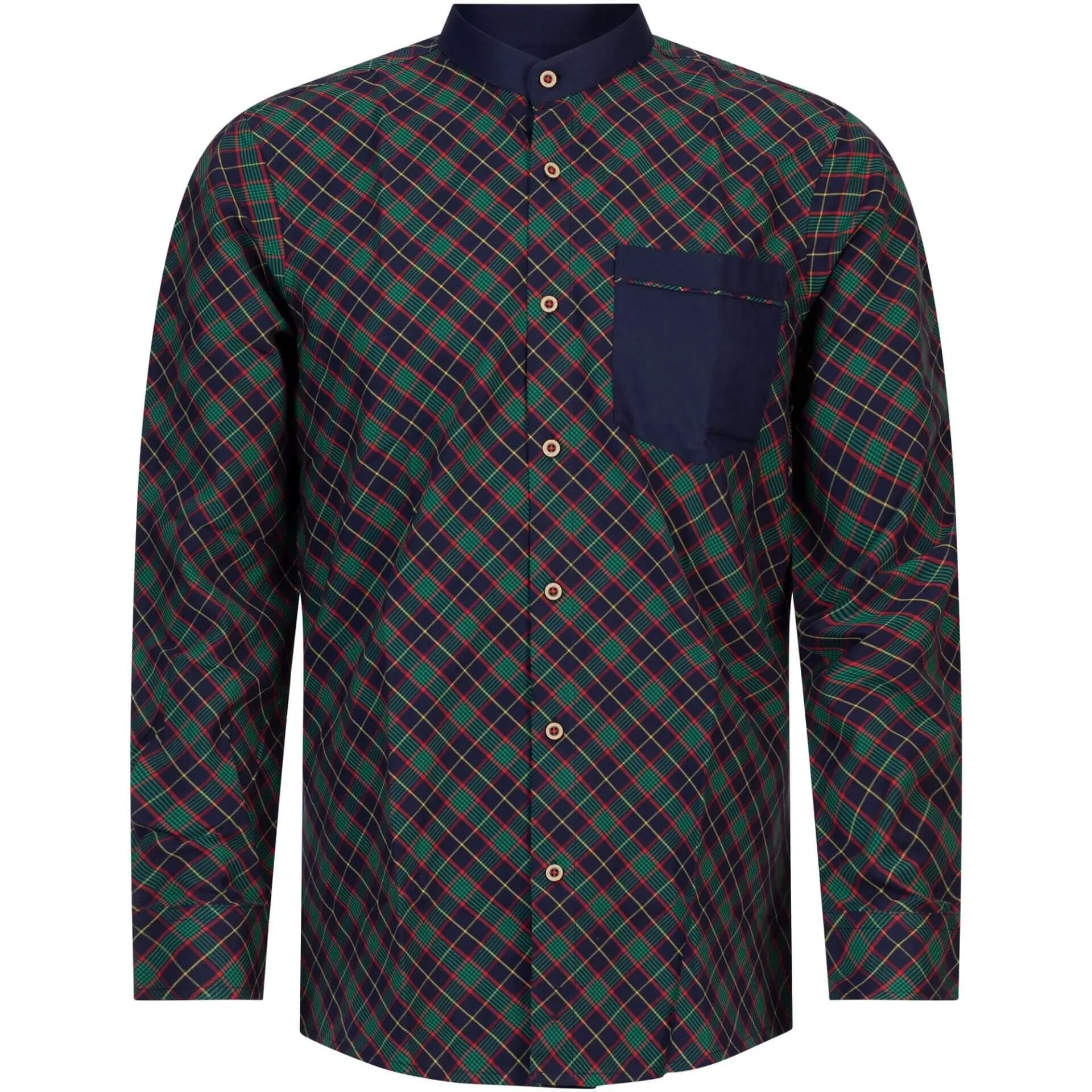 Herren Hemd "Kärnten", Niedriger Stehkragen, Langarm, Blau/Grün/Rot Kariert