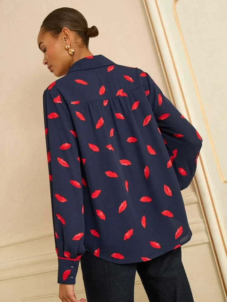 Navy Lips Print - Love & Roses Long Sleeve Button Through Shirt