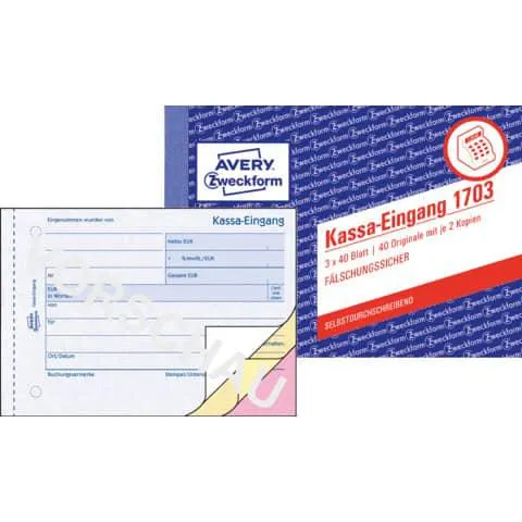 Kassa-Eingangsbuch A6 quer 3x40Blatt selbstdurchschreibend AVERY ZWECKFORM 1703