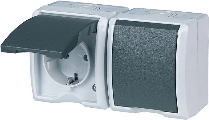 REV AquaForm, Doppelsteckdose-Feuchtraumsteckdose, IP44, einpolig, Aufputz, grau